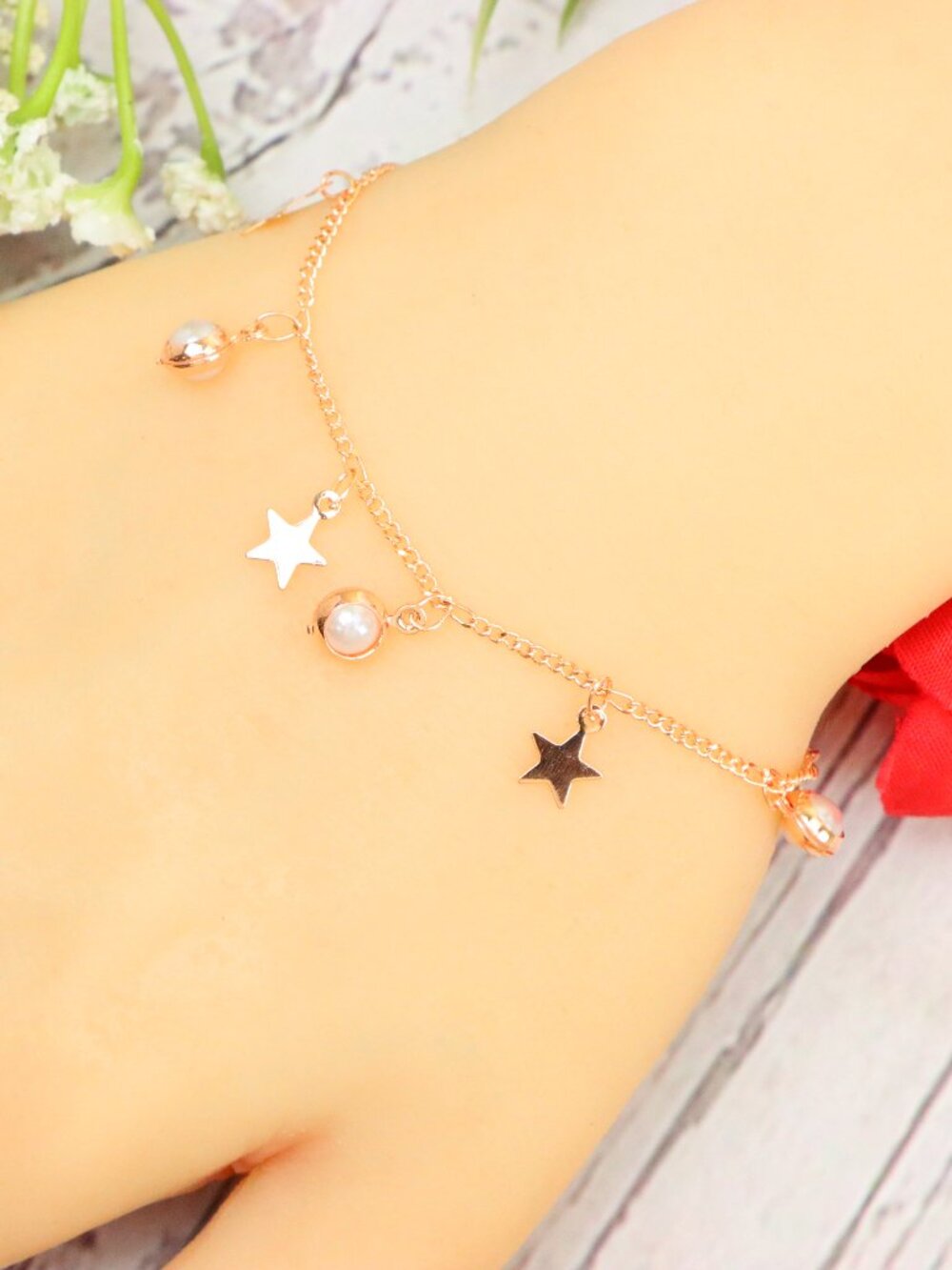 Rose Gold Plated Dainty Star Pearl Charm Bracelet, Celestial Jewelry, WALRCN117